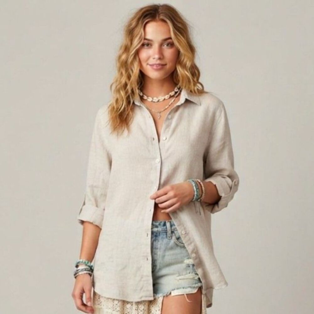 Talbots 100% Linen Natural Tunic Top Button Down Shirt LP Relaxed Coastal Beach